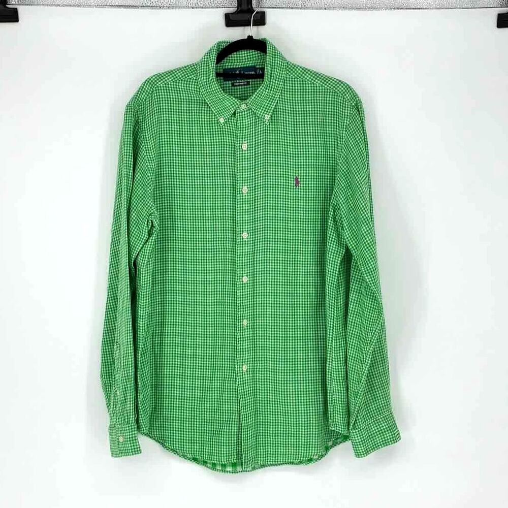 Ralph Lauren Custom Fit Men's Green & White Check Button Down Shirt - Size L